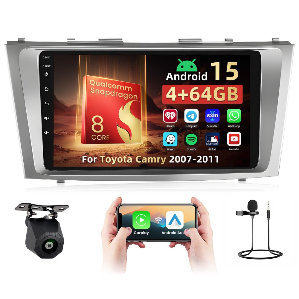 Qualcomm 8 Core Radio for Toyota Camry 2007-2011, [4+64G] Android 15 9-inch Touch Screen with CarPlay/6GHz WiFi/Bluetooth 5.0/1280 * 720P/DSP/EQ/FM/RDS/GPS/Android Auto