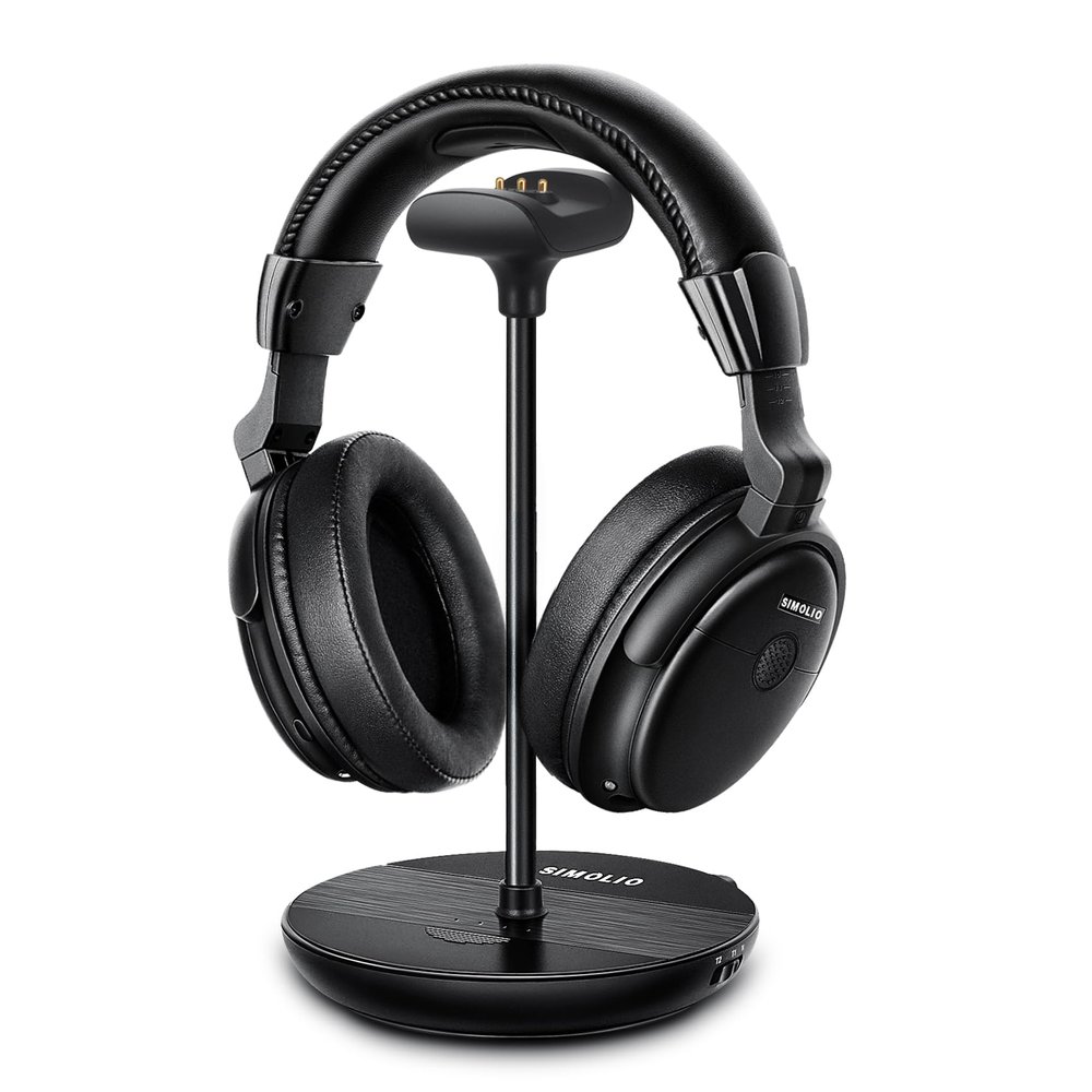 SIMOLIO Wireless Headphones for TV with Clear Dialog Mode, Boosted Volume & Spare Battery for Seniors, Comfortable TV Watching w/L/R Balance, by-Pass, Charging/Transmitter Stand 2-in-1, No Pairing