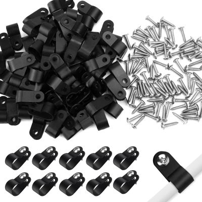 VIPMOON 100Pcs 3/8 Inch R-Type Cable Clamps, Nylon Plastic Cable Clips with Screws, Mounting Cord Fasteners for Electrical Wire Clamps Management, Black
