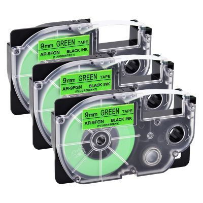 NineLeaf 3 Pack Compatible for XR-9FGN 9mm 3/8'' Black on Fluo Green Label Tape LT for EZ Label Printer KL-120 KL-130 KL-200 KL-200E KL-300
