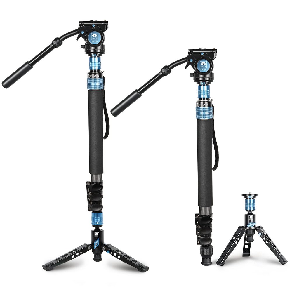 SIRUI P-424FS 66.7" Carbon Fiber Camera Monopod with VH-10 Fluid Video Head, Professional Heavy Duty Monopod with Tripod Base, Flip Locks for DSLR Camera, Max Loading 6kg/13.2lbs