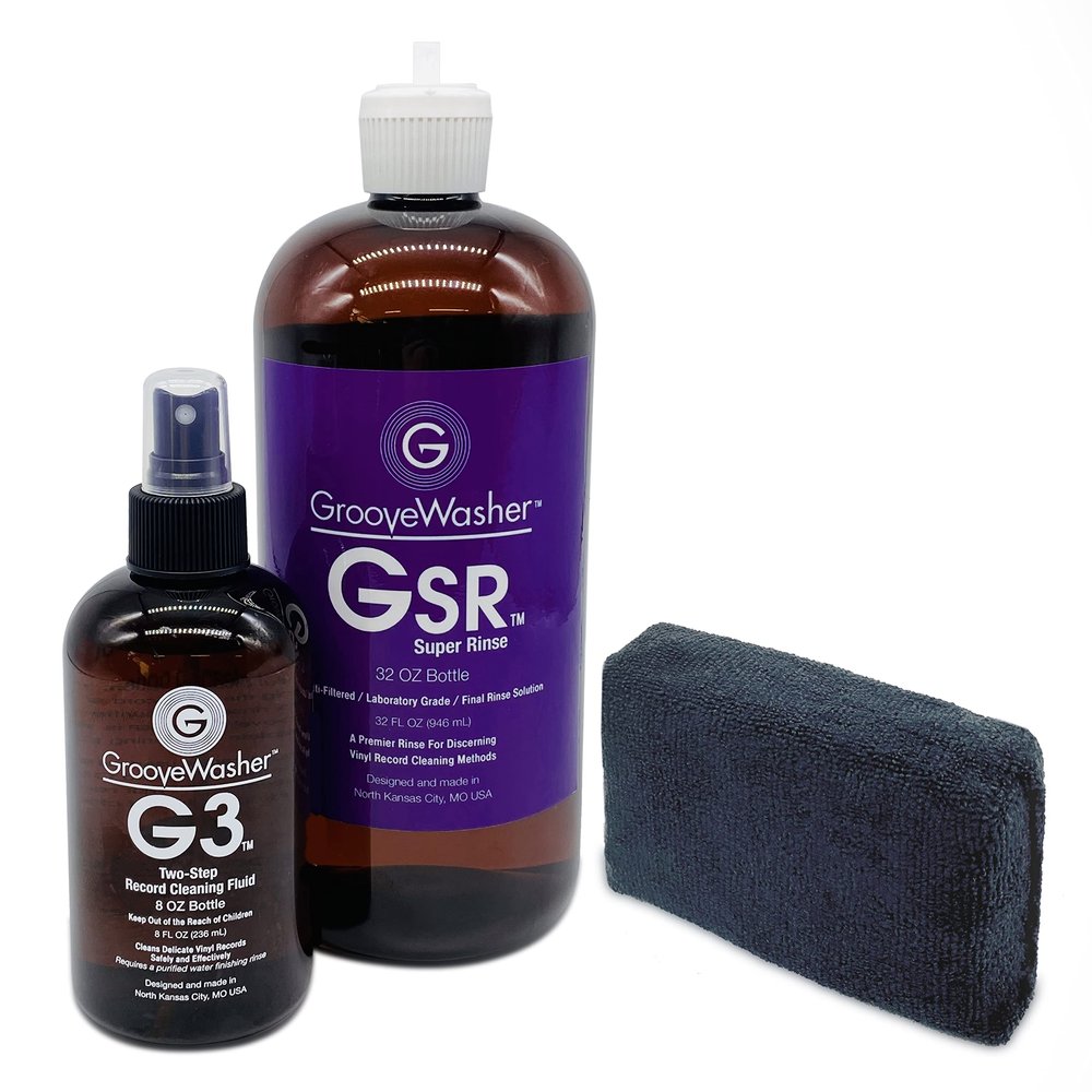 GrooveWasher Two-Step Record Cleaning Bundle  G3 Deep Cleaning Vinyl Record Fluid (8oz) + GSR Super Rinse (32oz) + Lg. Absorbent Microfiber Sponge, Complete 2-Step Kit for Tough to Clean LPs