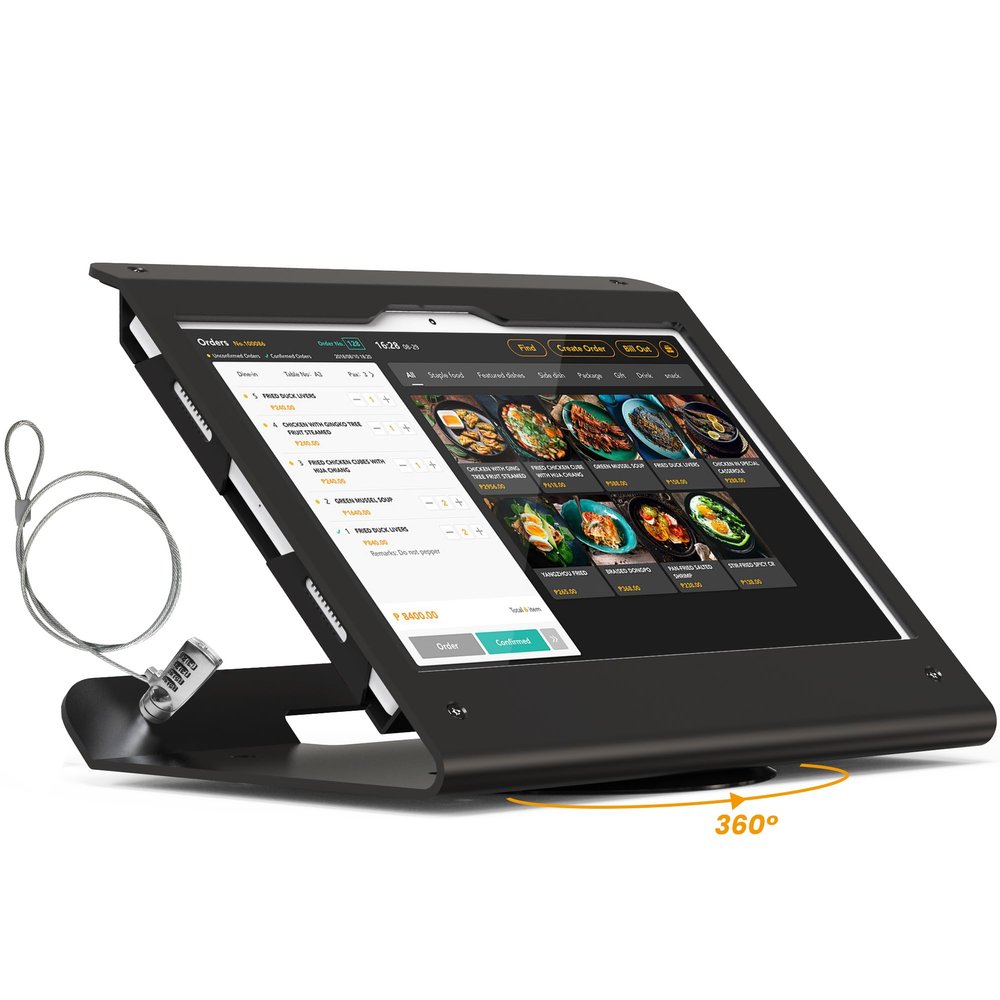 Beelta Tablet Stand Compatible with Samsung Galaxy Tab A8 - Heavy Duty Steel with 360 Swivel Base Anti-Theft Cable Lock BSC102BG