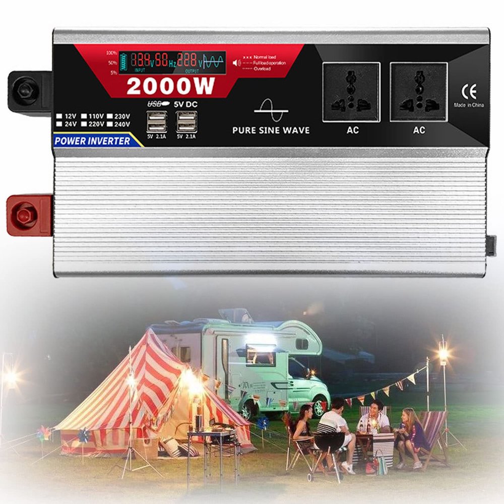 GEHPYYDS 1000W 1500W 2000W 3000WContinuous Output Pure Sine Wave Car Power Inverter DC 12V/24V to AC 110V Converter with 2AC Outlets & LCD Display for RV,Truck,Boat,Camping,2000W-24V