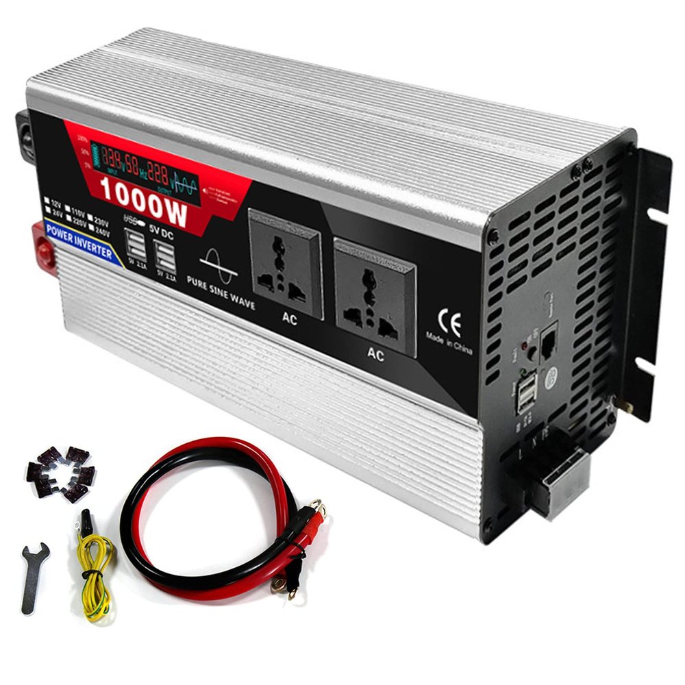 GEHPYYDS Intelligent Pure Sine Wave Power Inverter 12V/24V DC to 220V 230V AC Converter 1000W1500W 2000W 3000WRated Power with LCD Display, 2AC Outlets,for RV Truck Camping,1000W-24v