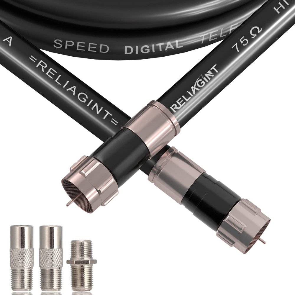 RELIAGINT 35ft RG6 Coaxial Cable Black, 75 Ohm Coax Cable with F Connector & F81 Double Female Coupler, Low Loss High-Speed TV Antenna Extension Cord for HD TV, Satellite & Dish