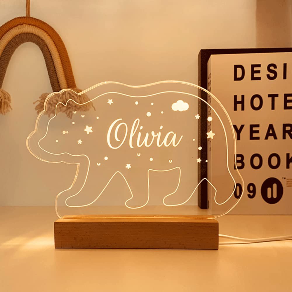 Wucidici Personalized Name Night Light with Moon, Custom Name Led Lamp for Baby Kids, Brighter Made Customized Night Light Gift for Girl Boys (Bear)