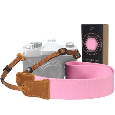 Padwa Lifestyle Pink Camera Straps - Double Layer Crazy Horse Cowhide Head,1.5" Wide Pure Cotton Woven Camera Straps,Adjustable Shoulder & Neck Strap for DSLR Cameras,Great Gift for Photographers