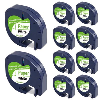 Fanooma Label Tape Replace for DYMO Letra Tag Refills 91200 91330 10697 S0721510 White Paper 12mm x 4m (1/2" x 13'), for Dymo LetraTag LT200B Plus LT100H LT100T QX50 XR XM Label Maker, 10-Pack