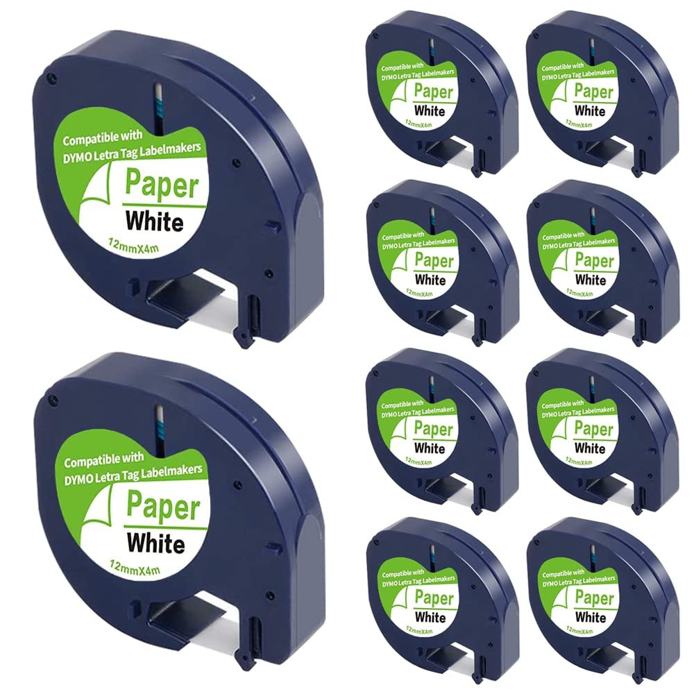 Fanooma Label Tape Replace for DYMO Letra Tag Refills 91200 91330 10697 S0721510 White Paper 12mm x 4m (1/2" x 13'), for Dymo LetraTag LT200B Plus LT100H LT100T QX50 XR XM Label Maker, 10-Pack
