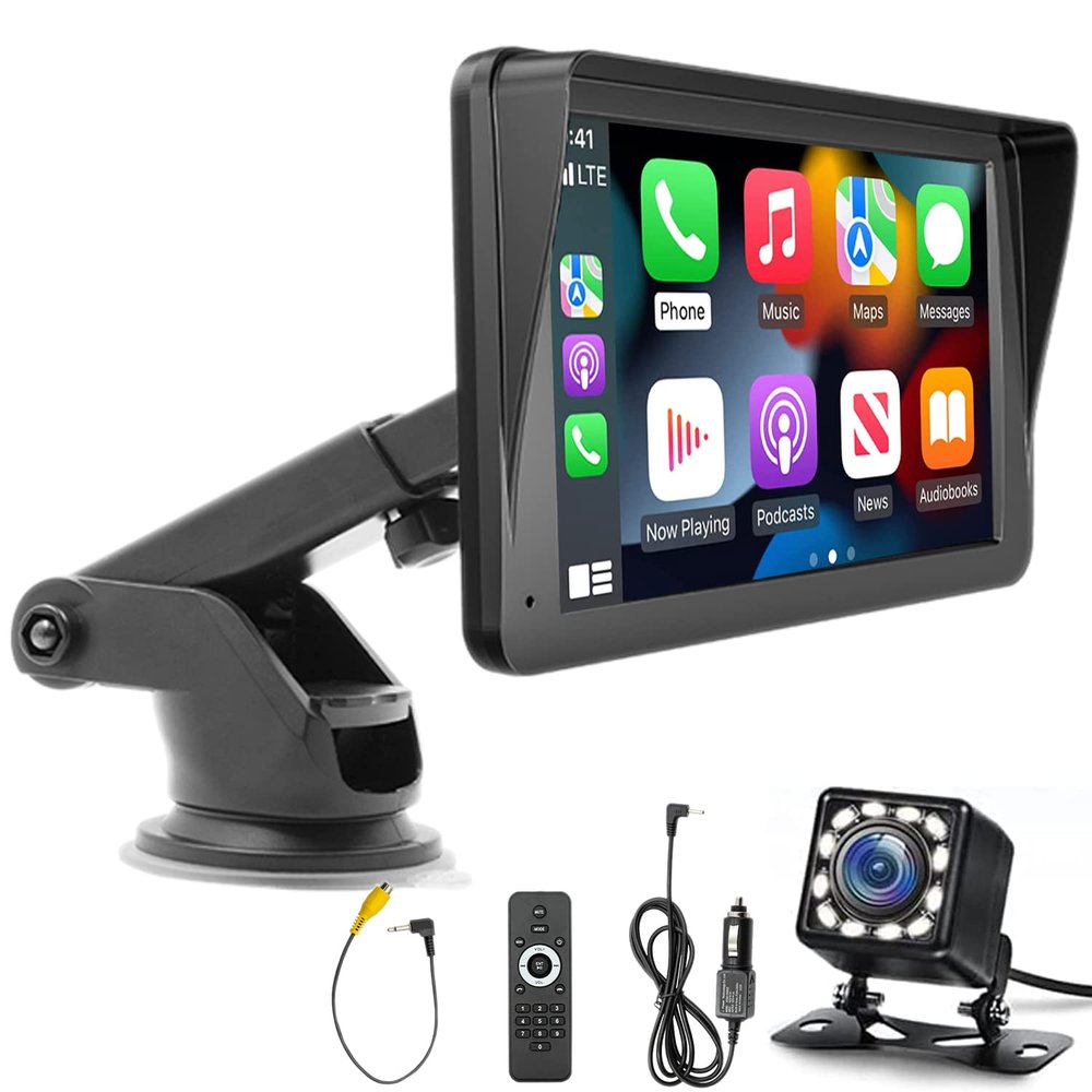 7 Portable Car Monitor Wireless Apple Carplay & Android Auto Car Radio with Remote Control Backup Camera Bluetooth Mirrorlink FM Transmitter AUX/USB/TF Card Port Supports Most Cars Trucks