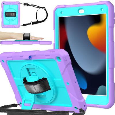 BMOUO Case for iPad 9th/8th/7th Generation 10.2", Shockproof 360 Rotating Stand Shoulder Hand Strap for iPad 9th/8th/7th Gen Case with Pencil Holder for iPad 10.2 inch 2021/2020/2019 - Purple Teal