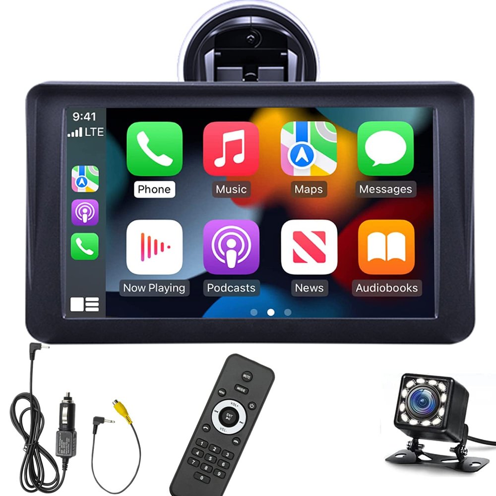 Compatible for Wireless Apple Carplay Android Auto Portable Car Monitor, 7 HD Touchscreen Portable Car Stereo with Backup Camera Bluetooth FM Transmitter AUX/USB/TF Card Port 9V-36V Remote Control