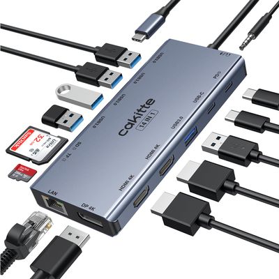 USB C Laptop Docking Station, cakitte 14 in 1 Type C Hub Multiport Adapter with 3 Monitors, Dual HDMI, DP, Ethernet, SD/TF, Mic/Audio, PD,Compatible for MacBook Dell HP Lenovo (Grey)