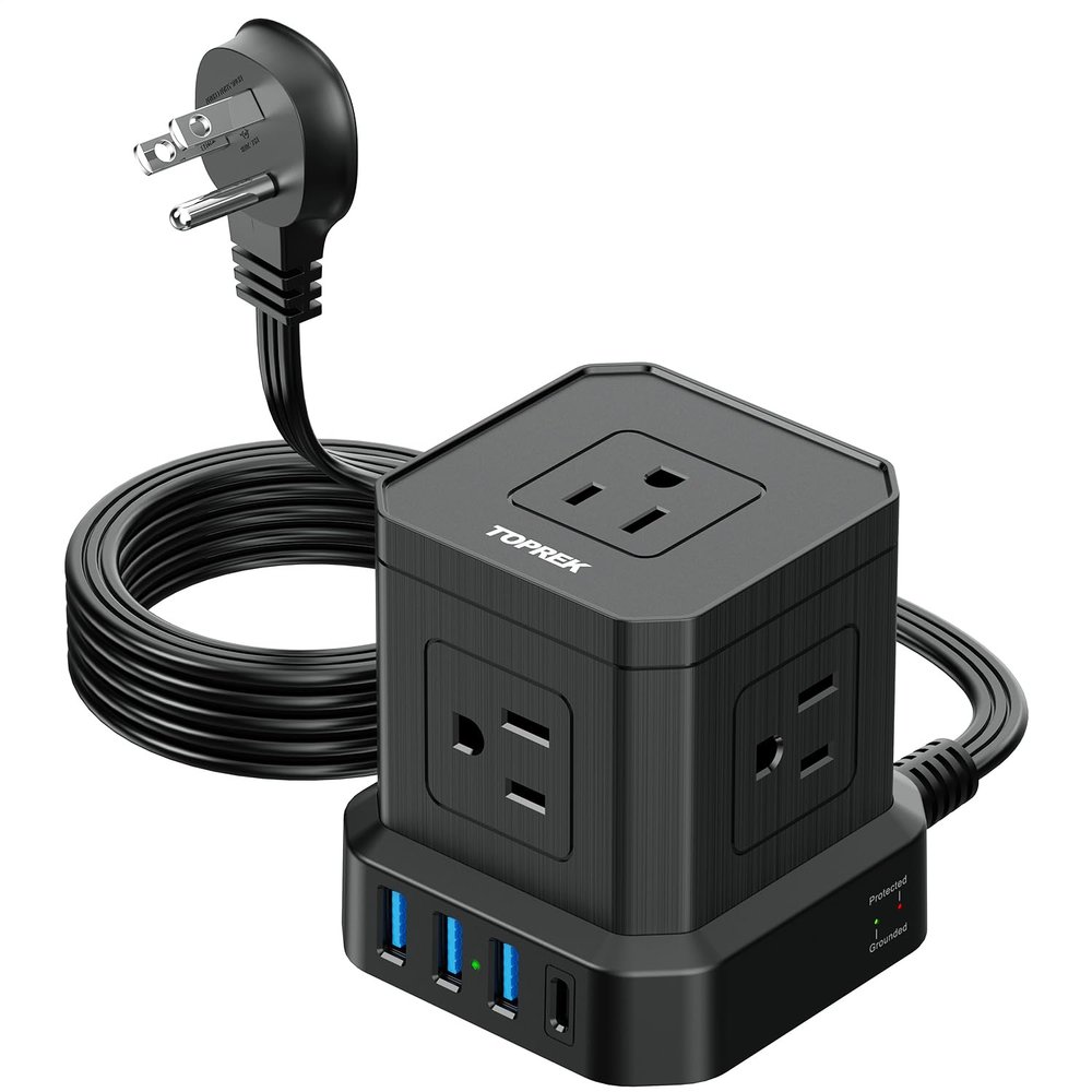 TOPREK Power Strip with USB, USB C (3.0A) Power Strip with 5 Outlets, 1 USB-C & 3 USB-A, 5 FT Flat Extension Cord with Ultra Thin Flat Plug, Surge Protector Compact for Home Office, Dorm, Hotel Travel