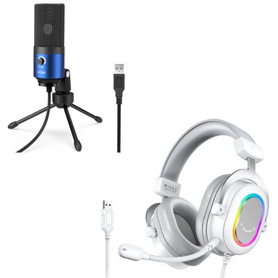 FIFINE Condenser USB Microphone for Recording, Gaming Headset Bundle with Volume Control, RGB, PC Computer Mic Set Compatible with Desktop/Laptop, Windows/Mac for Streaming Podcast Vocal (K669L+H6W)