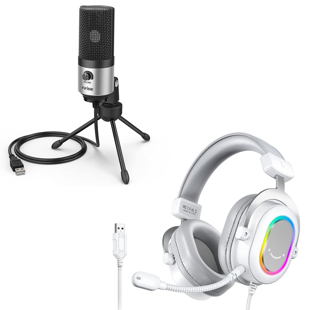 FIFINE USB Desktop Recording Microphone with Gaming Headset Bundle, Podcast Streaming Condenser PC Mic with Volume Knob, Metal Body, Over-Ear Headset Set, Compatible with PS4/PS5Computer (K669S+H6W)