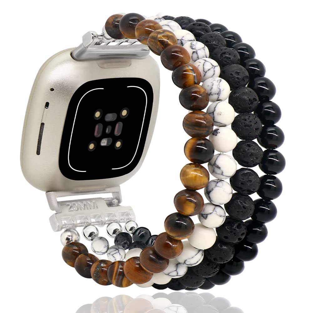 C&L Accessories Bracelets Compatible with Fitbit Versa 3 Bands/Versa 4 Bands/Fitbit Sense 2/Sense Bands for Women Men Beaded Gemstone (Black/White/Brown)