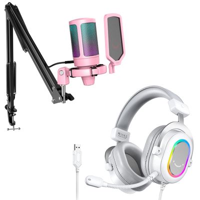 FIFINE Gaming USB Microphone Kit with Over-Ear Streaming Headset Bundle, PC Computer Mic Set with RGB, Mute, Gain Knob, Wired Headphones with Boom Mic for Recording Video Game (A6TP+H6W)