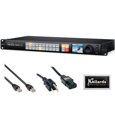 Blackmagic Design Videohub 10x10 12G Zero Latency Video Router Bundle with Pearstone Cat 6a Patch Cable, 6' PC Power Cord, and Kellards 5-Pack Cleaning Wipes