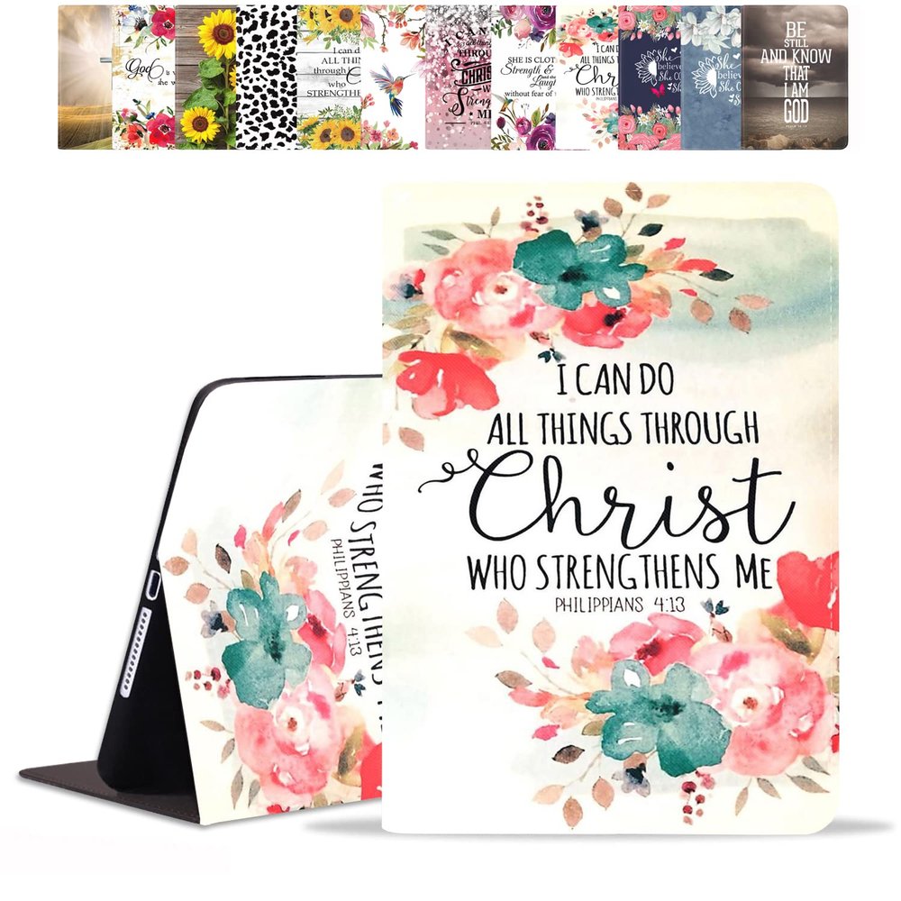 POIUYTREW Case for Samsung Galaxy Tab A8 10.5 Inch 2022 Model (SM-X200/X205/X207), PU Leather Folio Case Smart Cover with Stand & Auto Wake Sleep, Floral Quote Bible Verse Philippians 4:13