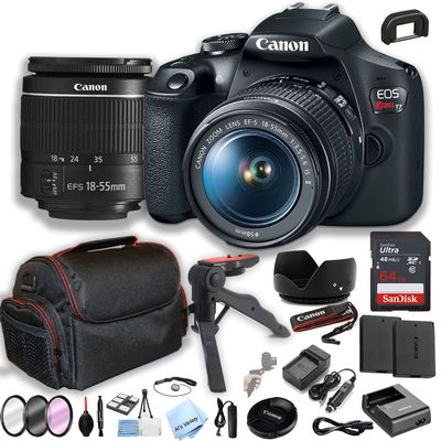 Canon EOS Rebel T7 DSLR Camera w/EF-S 18-55mm F/3.5-5.6 Zoom Lens + 64GB Memory + Case+ Steady Grip Pod + Filters + Remote + 2X Batteries + More (30pc Bundle) (Renewed)
