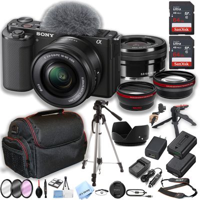 Sony ZV-E10 Mirrorless Camera with 16-50mm Lens 2pcs 64GB Memory + Case+ Tripod + Steady Grip Pod + Filters + Macro + 2X Lens + 2X Batteries + More (34pc Bundle) (Renewed)