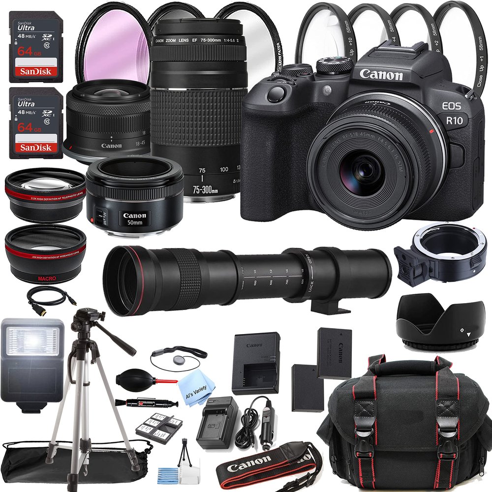 Canon EOS R10 Mirrorless Digital Camera with RF-S 18-45mm is STM Lens + 75-300mm Lens + 50mm STM Lens + 420-800mm Super Telephoto Lens + 128GB Memory + Case + Tripod + Filters (45pc Bundle) (Renewed)