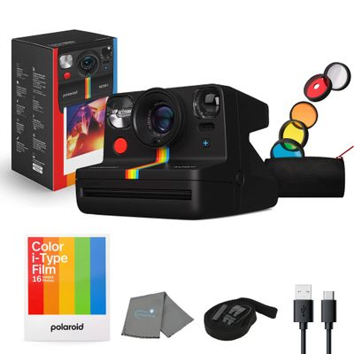Now+ Gen 2 Instant Camera, Black, Bluetooth Now Plus Film Camera with 5 Piece Lens Filter Kit & Pouch, 8 Color Film, Works with Polaroid i-Type and 600 Film, and Lens Cleaning Cloth