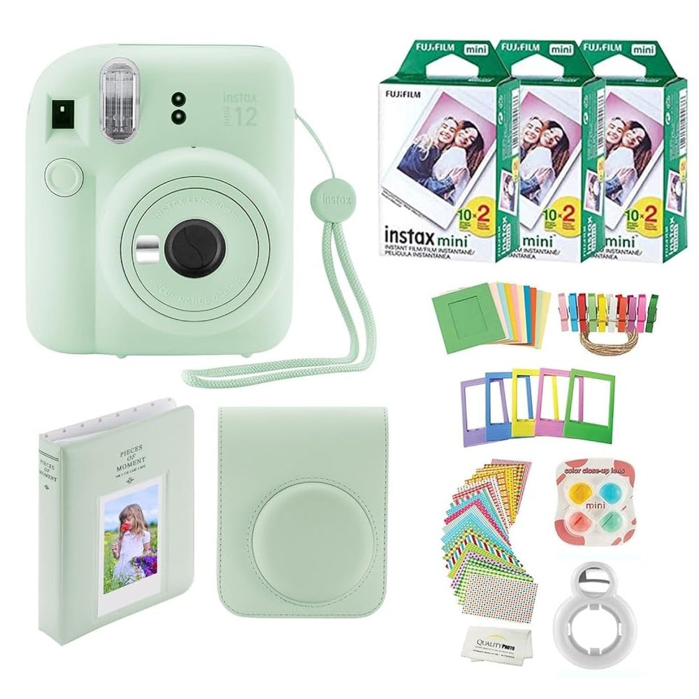 Fujifilm Instax Mini 12 Instant Camera + 60 Photo Prints + Quality Photo Value Bundle, Case, Decoration Stickers, Frames, Photo Album, (Mint Green)