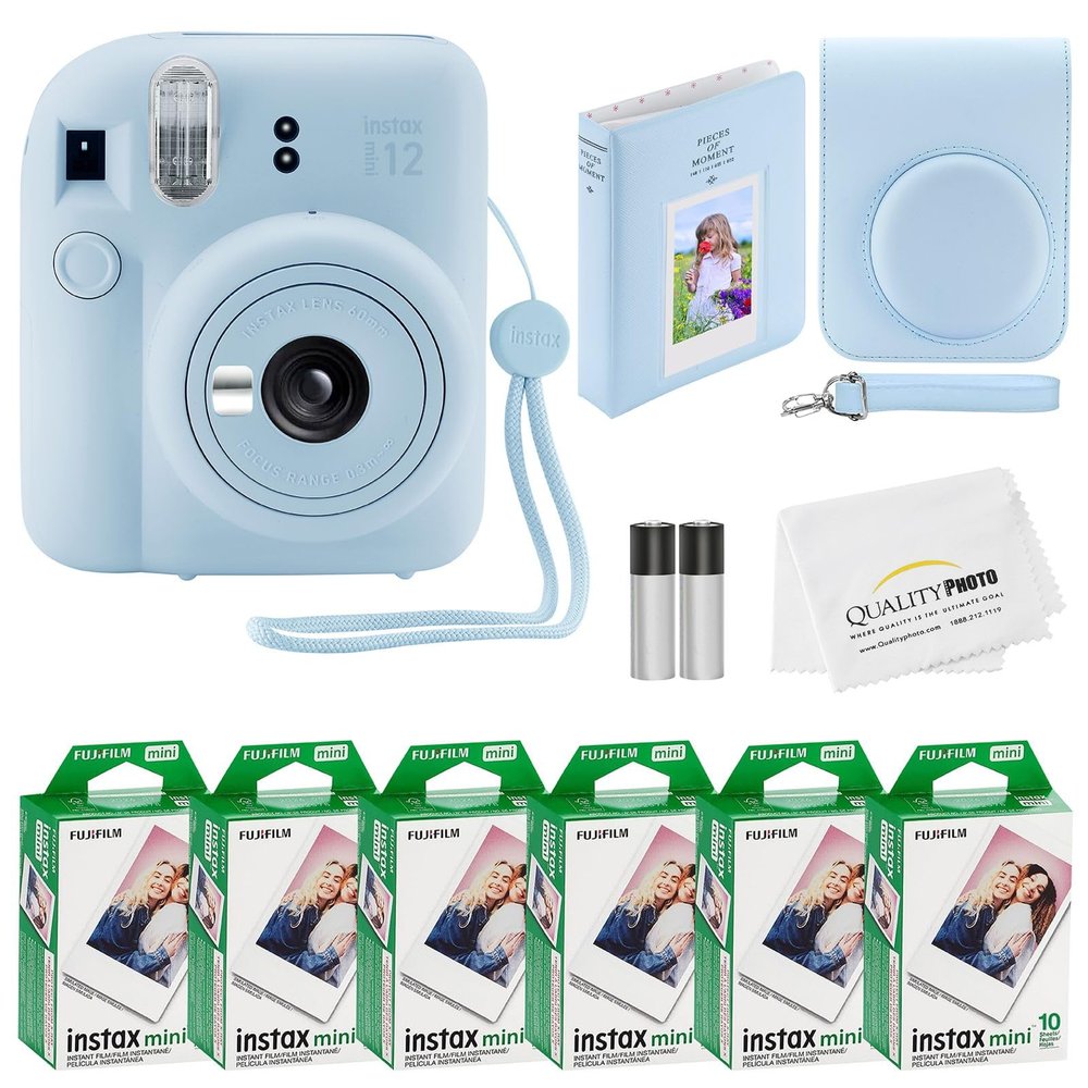 Fujifilm Instax Mini 12 Instant Camera + 60 Photo Prints + Quality Photo Value Bundle, Case, Decoration Stickers, Frames, Photo Album, (Pastel Blue)