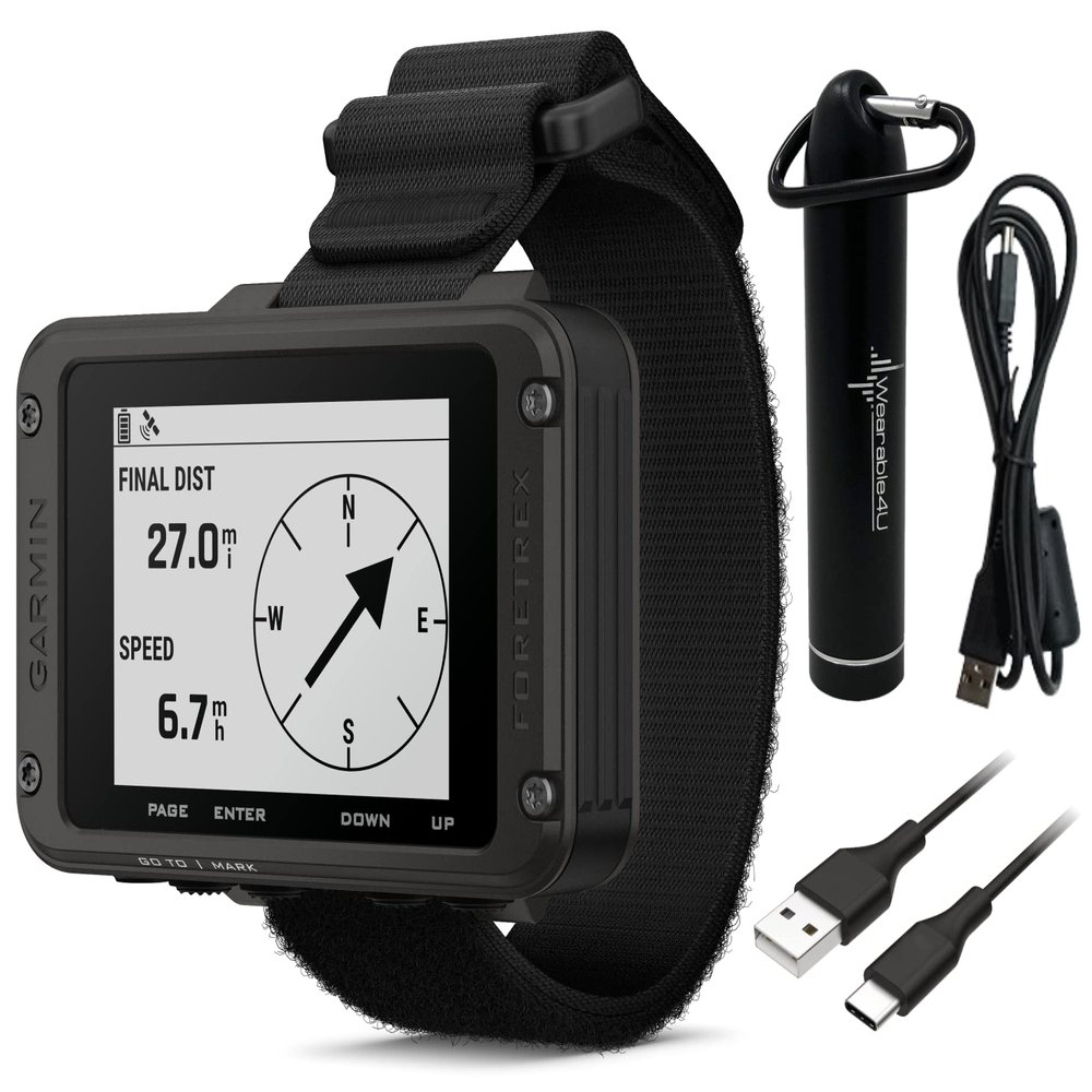 Wearable4U - Garmin Foretrex 801 Wrist-Mounted GPS Navigator with Tactical Features,with Strap with AAA Batteries and E-Bank Bundle