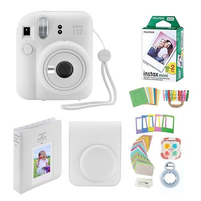 Fujifilm Instax Mini 12 Instant Camera + 20 Photo Prints + Quality Photo Value Bundle, Case, Decoration Stickers, Frames, Photo Album, (Clay White)