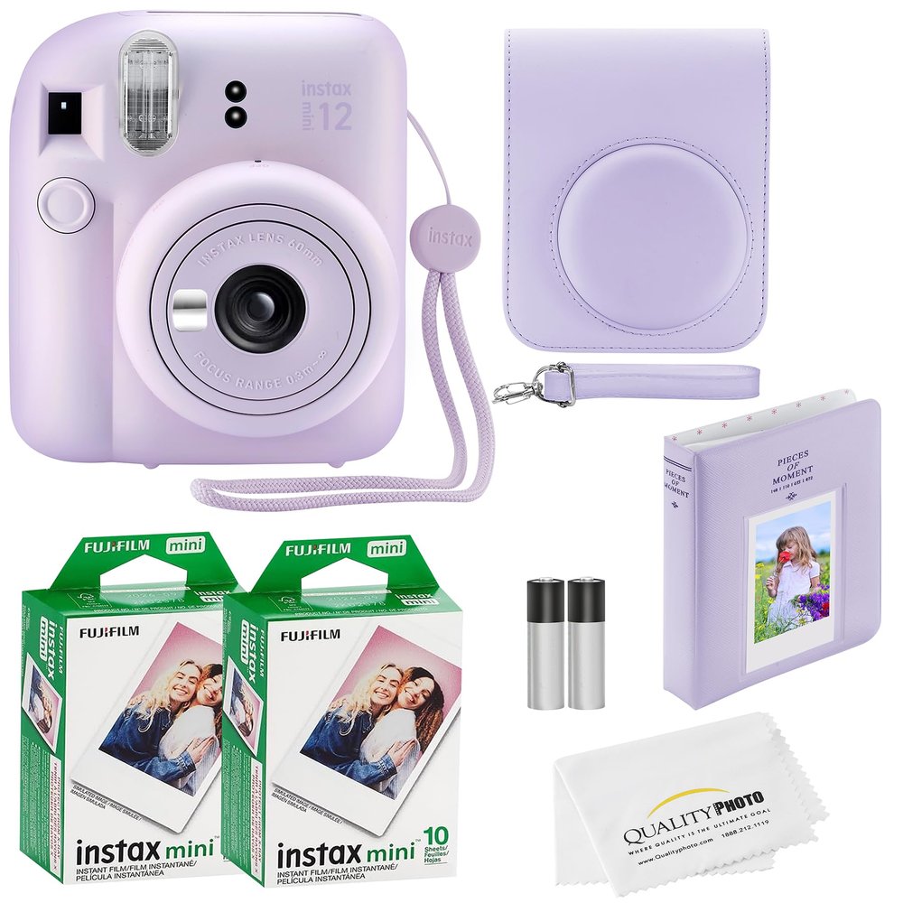 Fujifilm Instax Mini 12 Instant Camera with Case, 20 Fujifilm Prints, Decoration Stickers, Frames, Photo Album and More Accessories (Lilac Purple)