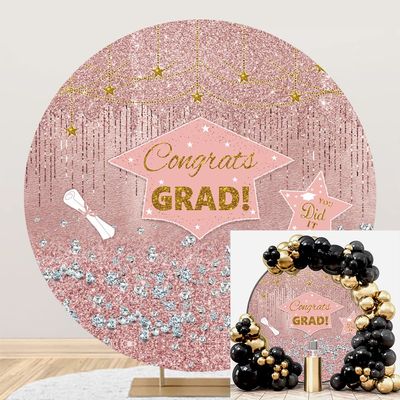 Leyiyi 6.5x6.5ft Pink Congrats Grad Round Backdrop Cover Polyester Glitter Diamond Gold Pink Graduation Party Decorations Circle Backdrop Cover Congratulations Graduates Background Photo Props