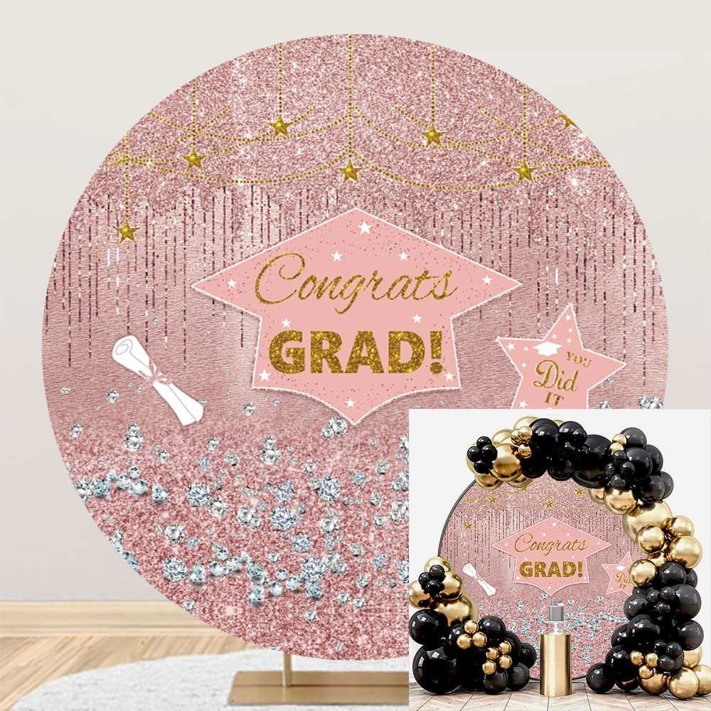 Leyiyi 6.5x6.5ft Pink Congrats Grad Round Backdrop Cover Polyester Glitter Diamond Gold Pink Graduation Party Decorations Circle Backdrop Cover Congratulations Graduates Background Photo Props