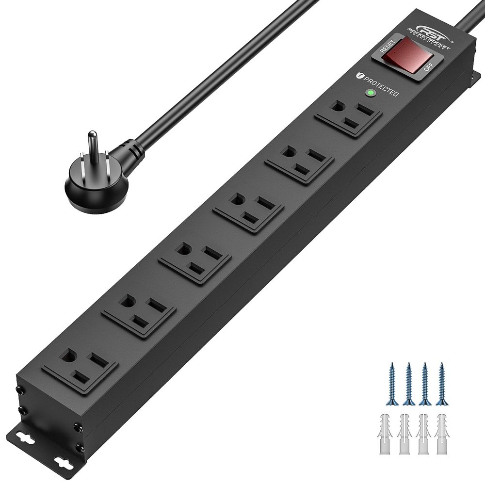 CRST 6 Outlet Heavy Duty Power Strip with Switch, 15A/1875W Metal Mountable Power Strip Surge Protector 2100Joules, Wide Spaced Power Bar for Garage Worshop Home School, 6 FT Cord