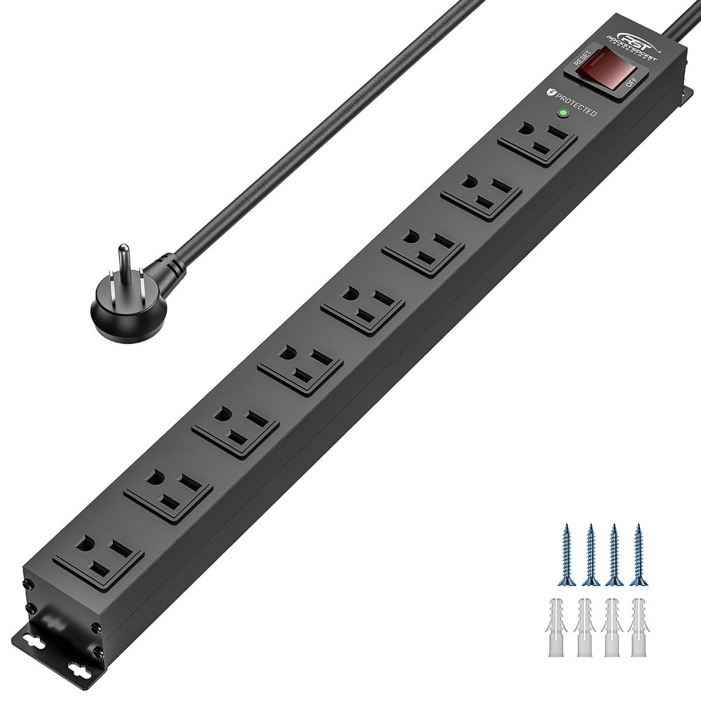 CRST 8 Outlet Metal Heavy Duty Power Strip, 2100J Surge Protector, 6FT Cord Mountable Wide Spaced Industrial Power Strip,15A/1875W