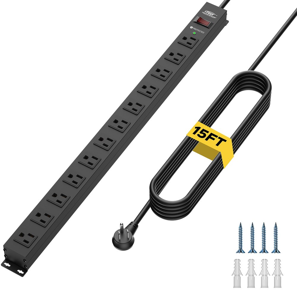 CRST 12-Outlet Long Power Strip with 15FT Cord, 2100 Joules Heavy Duty Surge Protector Mountable Power Strip, Wide Spaced Outlets for Industrial Garage Commercial(15A/1875W)