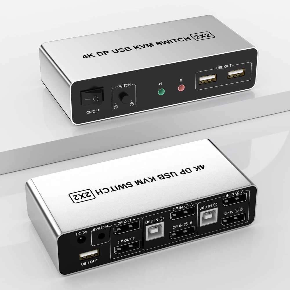 DisplayPort KVM Switch Dual Monitors for 2 Computers 4K@60Hz 2 in 2 Out Displayport KVM Switch with Audio Microphone Output and 3 USB Ports, Keyboard Mouse Displayport Dual Monitor KVM