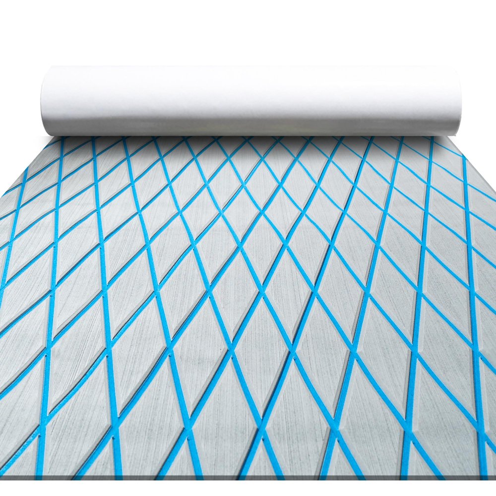 FOCEAN Boat Flooring EVA Foam Boat Decking Marine Mat Non-Slip Self-Adhesive Flooring Sheet for Motorboat Kayak Surfboard Garden Swimming Pools, 94.5''x 47.2'', Grey with Blue Lines