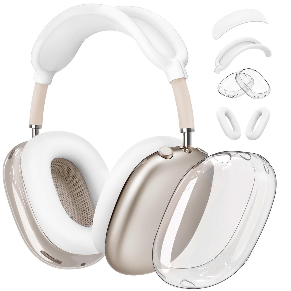 4 in 1 Case Covers for AirPods Max Headphones, Anti-Scratch Sweat-Proof Ear Pad Covers/Ear Cups Cover/Headband Cover Protectorfor Apple AirPods Max (2024 USB-C /2020 Lightning)- WhiteClear