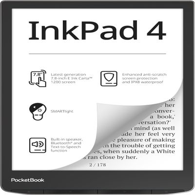 PocketBook InkPad 4 | Eye-Friendly Audio & E-Book Reader | Large 7.8 E-Ink Display | Anti-Scratch Protection | Text-to-Speech Function | Bluetooth | Built-in Speaker | SMARTlight | IPX8 Waterproof