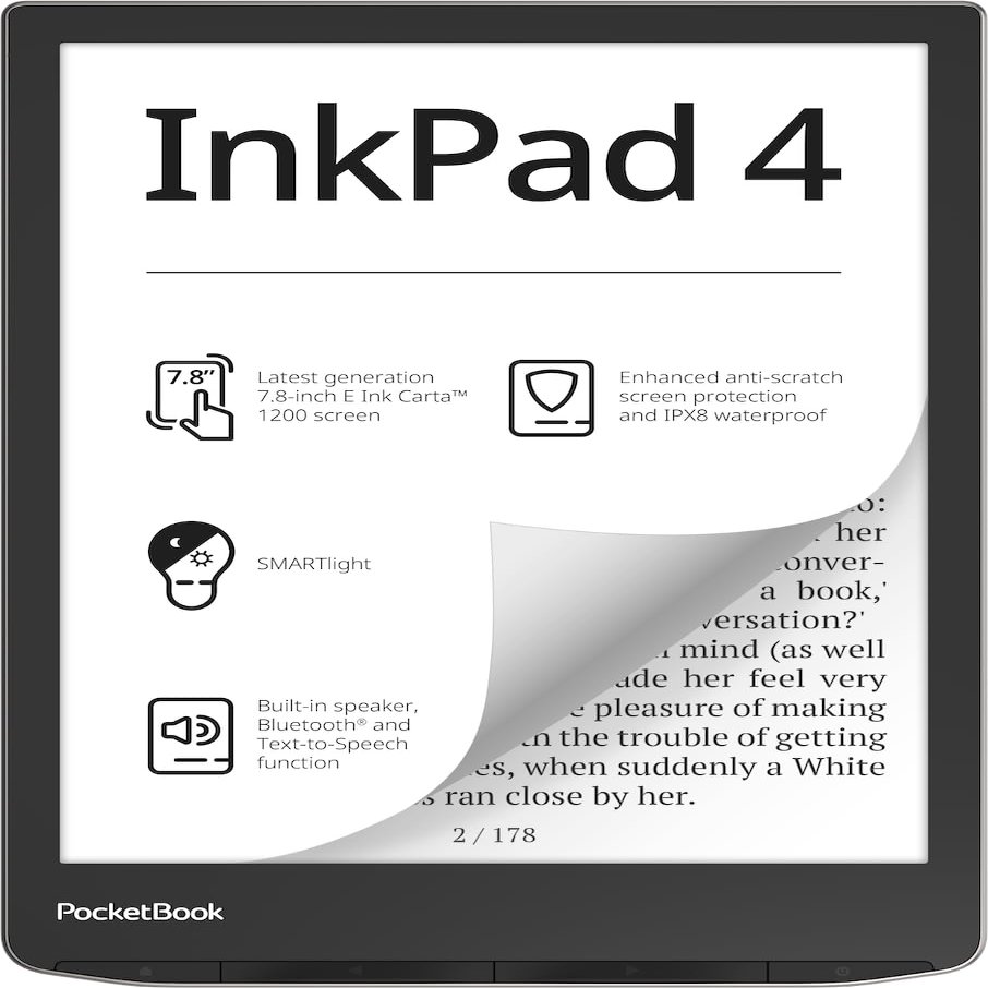 PocketBook InkPad 4 | Eye-Friendly Audio & E-Book Reader | Large 7.8 E-Ink Display | Anti-Scratch Protection | Text-to-Speech Function | Bluetooth | Built-in Speaker | SMARTlight | IPX8 Waterproof