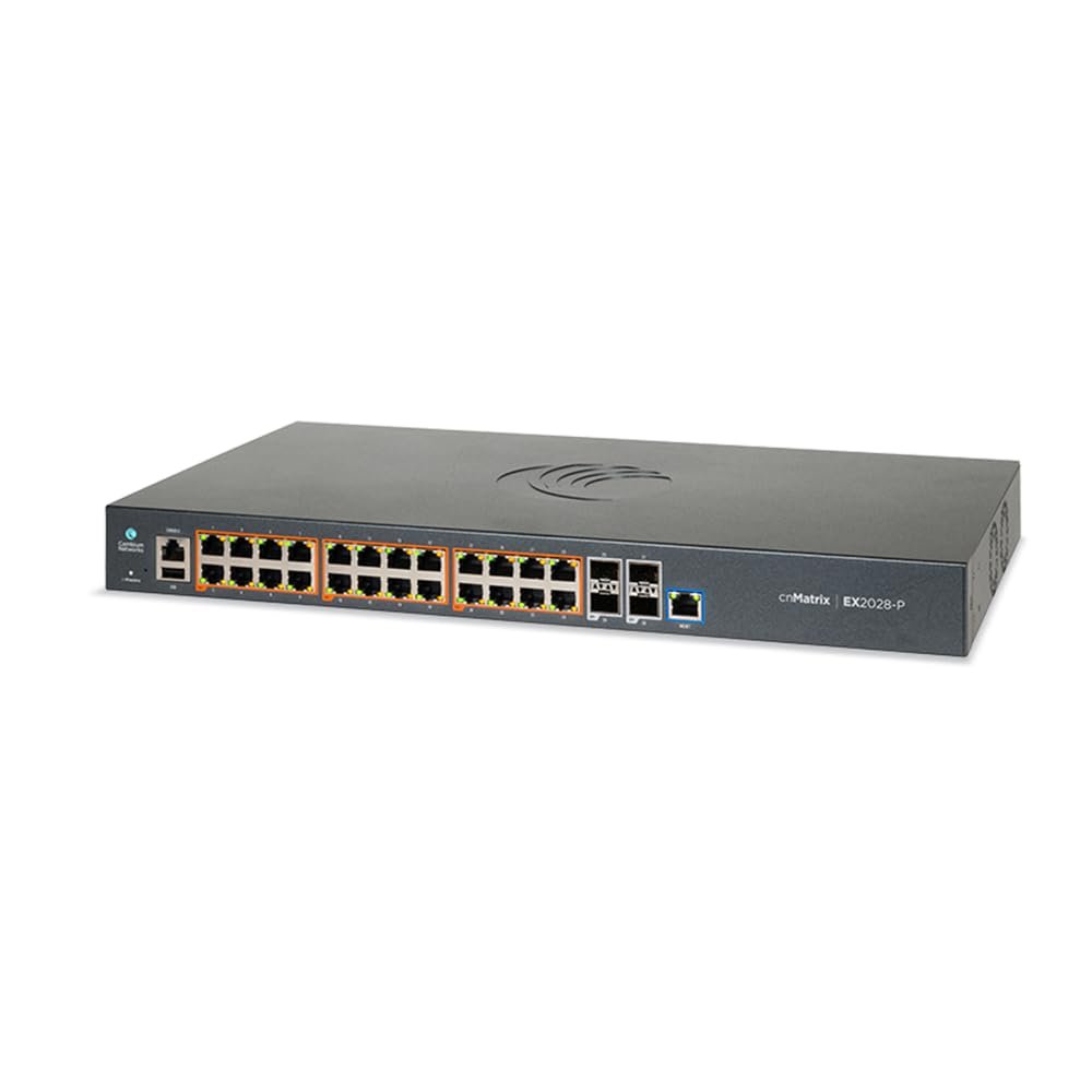 Cambium Networks cnMatrix EX2028-P Switch - 128 Gbps Throughput - 24 Ethernet PoE+ Enabled Ports - 4 SFP+ Fiber Uplink Ports - 512 MB DRAM - 128 MB Flash Storage - (USA Power Cord) - MX-EX2028PxA-U