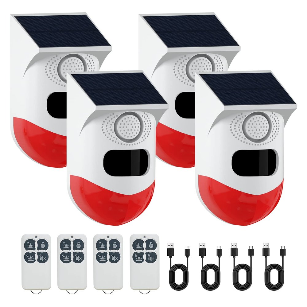 ChunHee Solar Motion Sensor Alarm Outdoor,Adjustable Motion Detector Alarm,129dB Sound Security Siren Light IP67 Waterproof Strobe Light for Home,Farm,Barn,Villa,Yard(4 Pack)