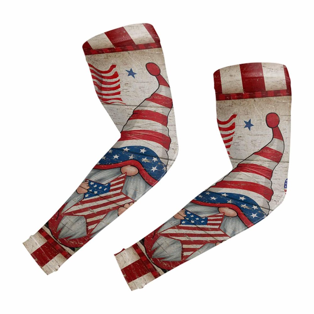 4th of July Cooling Arm Sleeves, Vintage Gnomes American Flag on Wood Independence Day Sun Sleeves Cover, (XXL)