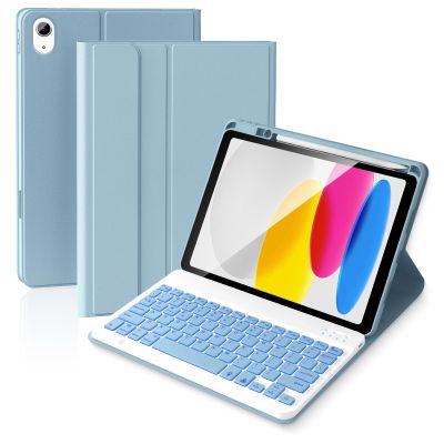 ABEIFAN Keyboard Case for iPad 11th / 10th Generation, 7 Colors Backlit Wireless Detachable Folio Keyboard Cover for iPad 11 inch A16 2025 / 10th Gen 10.9 inch 2022 with Pencil Holder,Mist Blue
