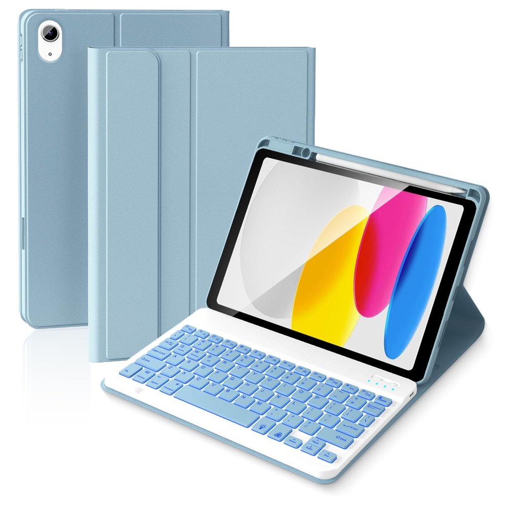 ABEIFAN Keyboard Case for iPad 11th / 10th Generation, 7 Colors Backlit Wireless Detachable Folio Keyboard Cover for iPad 11 inch A16 2025 / 10th Gen 10.9 inch 2022 with Pencil Holder,Mist Blue
