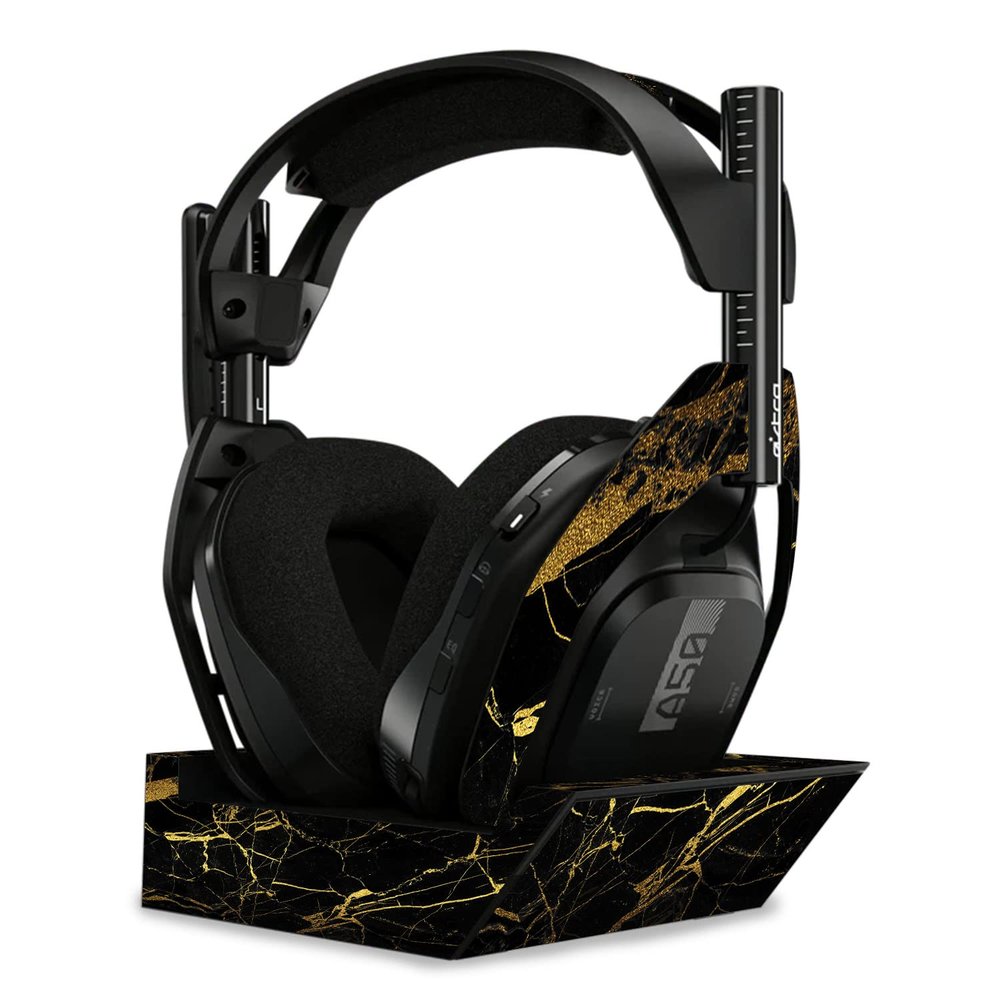 MightySkins Skin Compatible with Astro A50 Wireless Headphones + Base Station (Gen 4) - Black Gold Marble | Protective, Durable, and Unique Vinyl Decal wrap Cover | Easy to Apply | Made in The USA